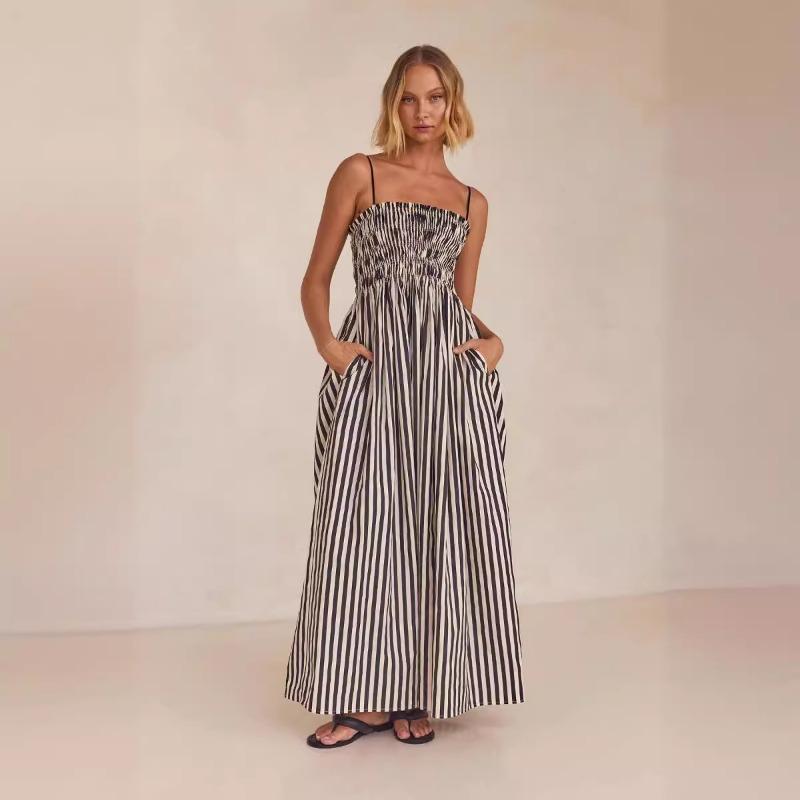 VEZFAA Women's Fashion Summer Spring Stripe Print Sleeveless Suspenders High Waist Casual Dresses