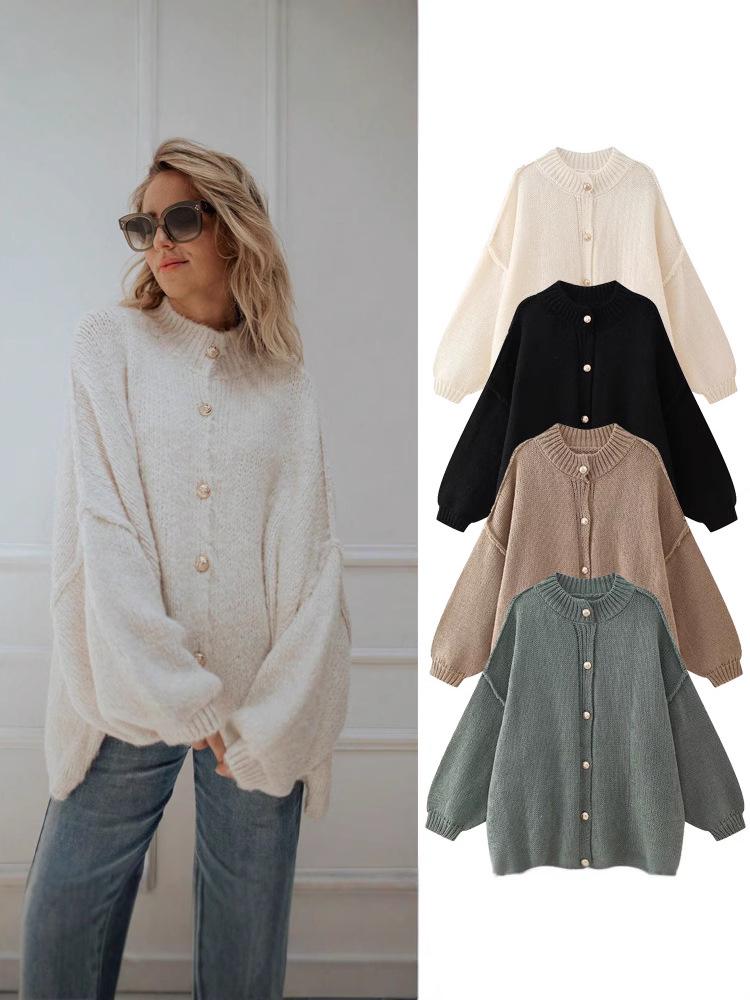 Chic European & American Style Women's Loose Round Neck Cardigan with Metal Buttons