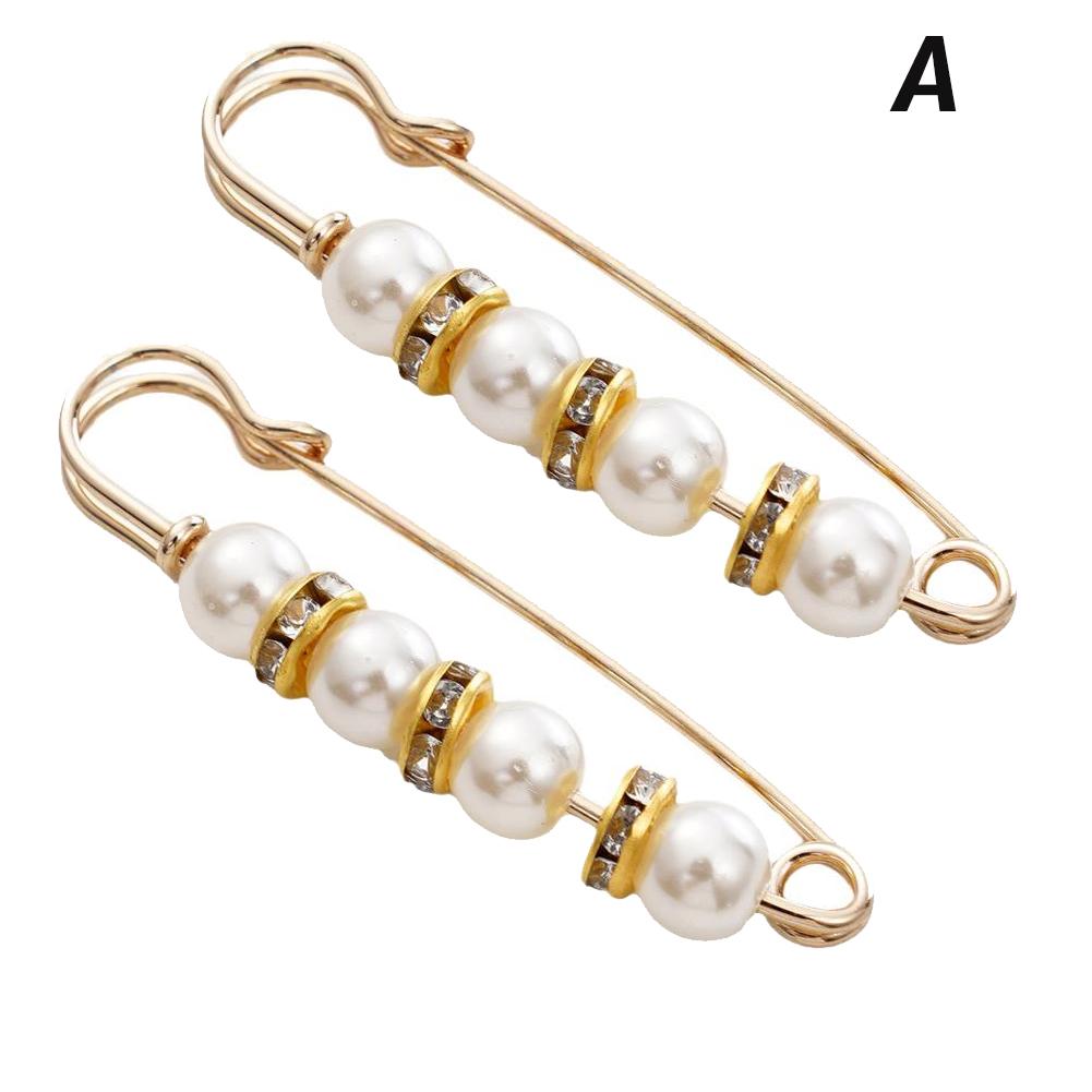 2PCS Rhinestones Pearl Brooch Pins for Women Pants Dress Skirt Waist Scarf Sweater Shawl Crystal Clip With Rhinestone Decorative