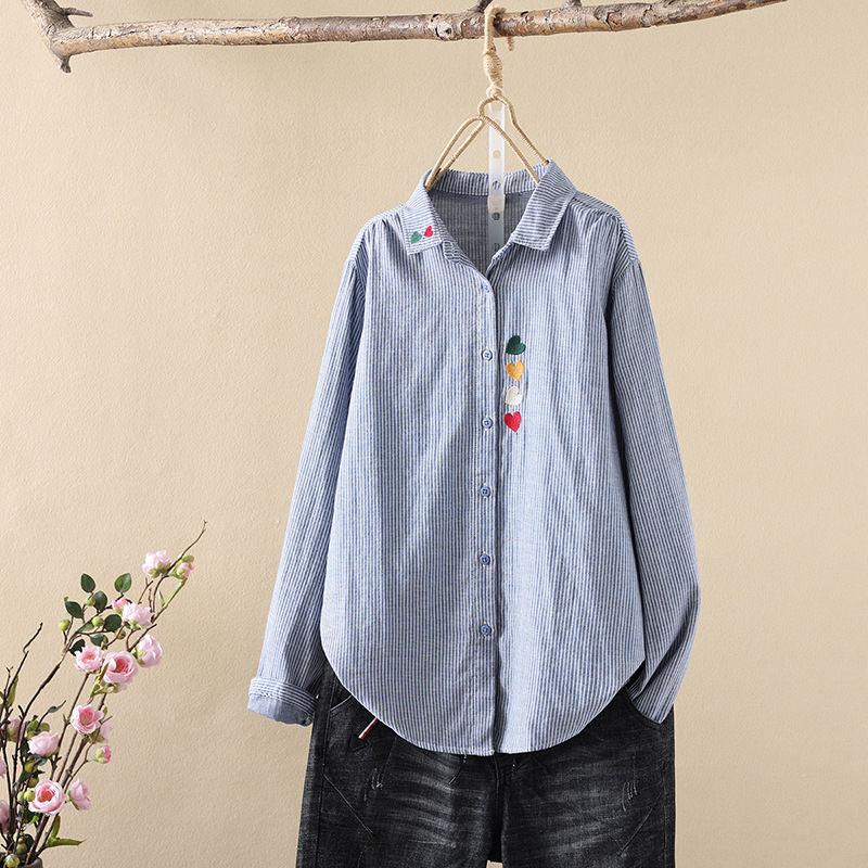 Striped Shirts and Blouses for Women Tops Heart Shape Embroider Stripes Long Sleeve Shirt Basic Shirts