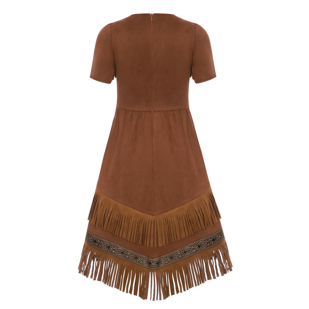 Girls Fringe Hem Dress Double Layer Tassel Decoration Round Neck Short Sleeve Chest Fringes Party Costume