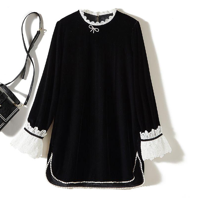 Feminine Black Dress! Lace Edge Small Horn Long Sleeve Pleuche Cocoon Shaped Pearl Edge Dress Spring & Fall Winter Skirt