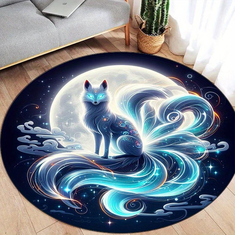 Mystical Nine-Tailed Fox in Moonlight Round Rug – Anti-Slip Crystal Velvet Carpet with Enchanting Blue & Turquoise Design, Perfe