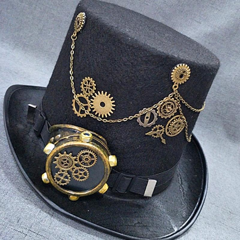 Steampunk Top Hat with Goggles Halloween Metal Gear Decor Hat Gothic Cosplay Magician Hat Unisex Jazzs Hat