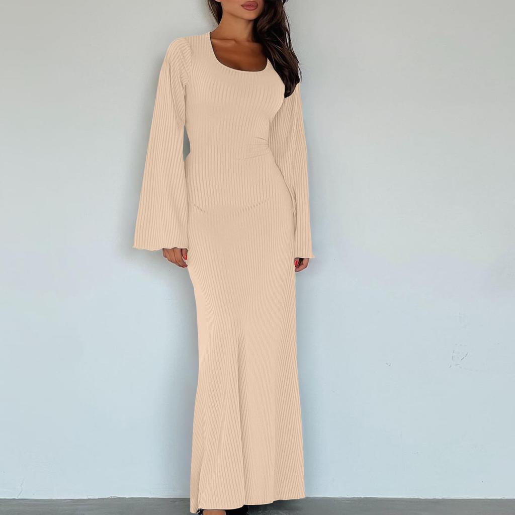 Women's Elegant Tie-Waist Knitted Dress Horn Sleeve Maxi Dress For Women U Neck Solid Color Long Dress Ribbed Bodycon Fall Dress