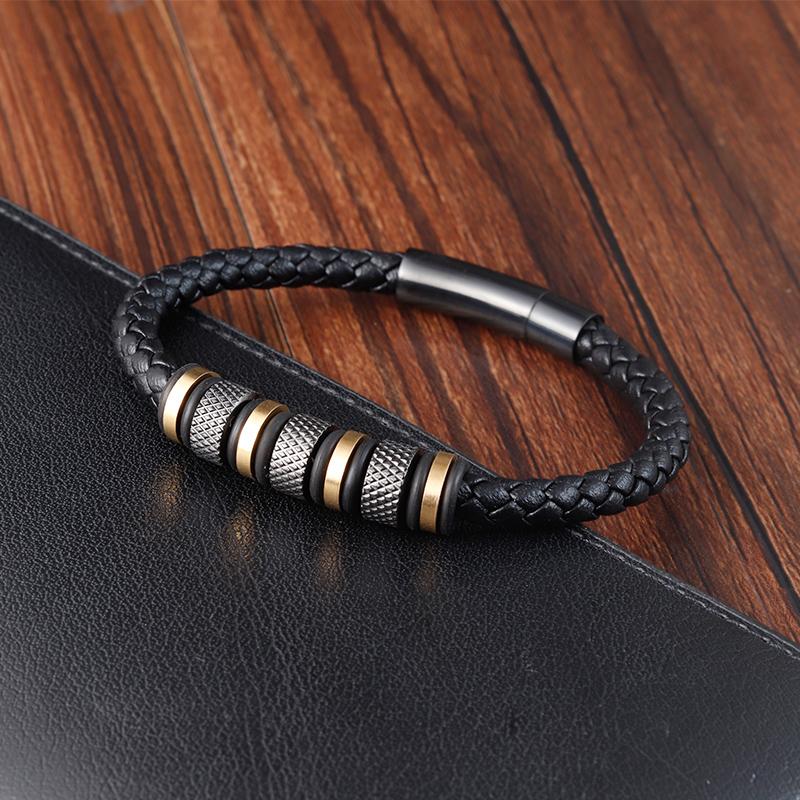 New Style Male Bracelet with Stainless Steel Beads Punk Braided Leather Bracelets Jewelry for Men 2026 Surprise Gift