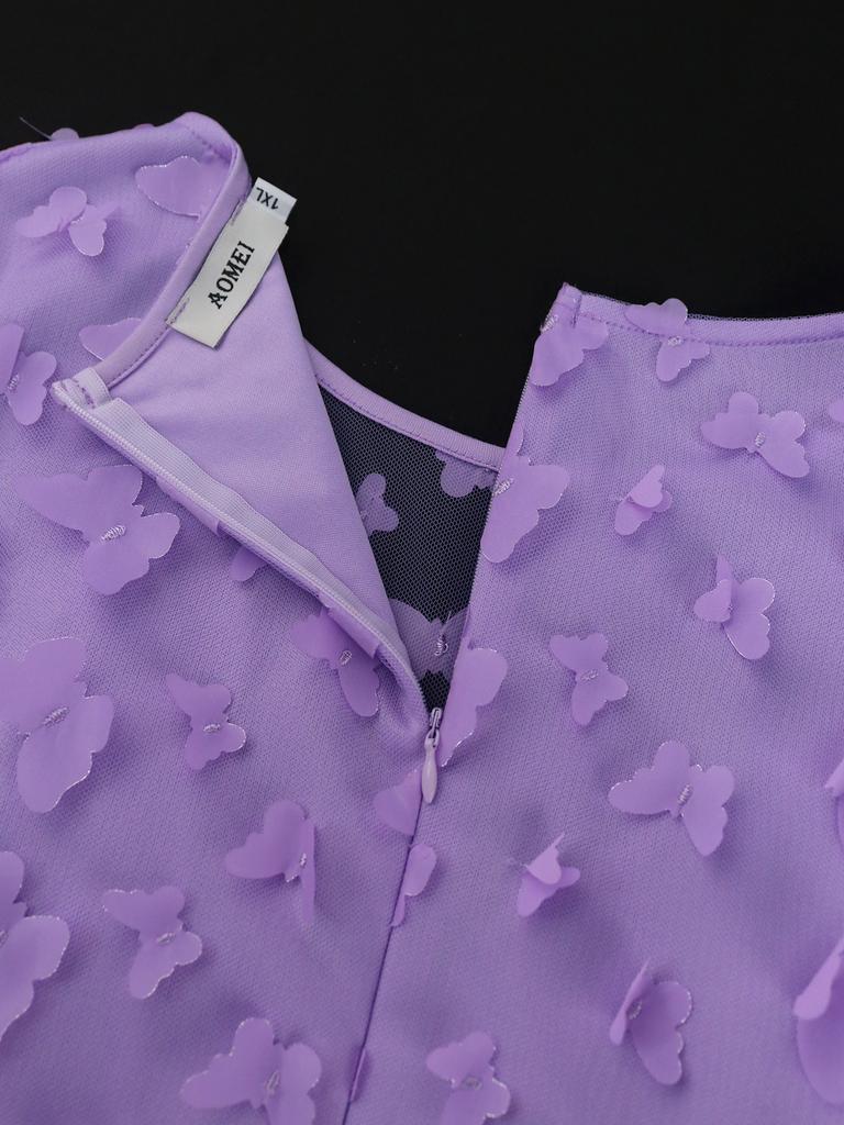 AOMEI Lavendel sommerfuglkjoler for kvinner O-hals Kort puffermer Nydelige bursdagsfest ballkjoler