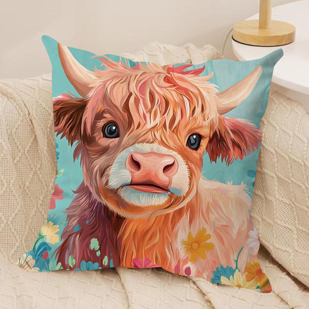 Scottish Highland Cow Cushion Cover Soft Plush Fabric DoubleSided Printed Cushion Covers for All Seasons Modern HomeDecor Gift