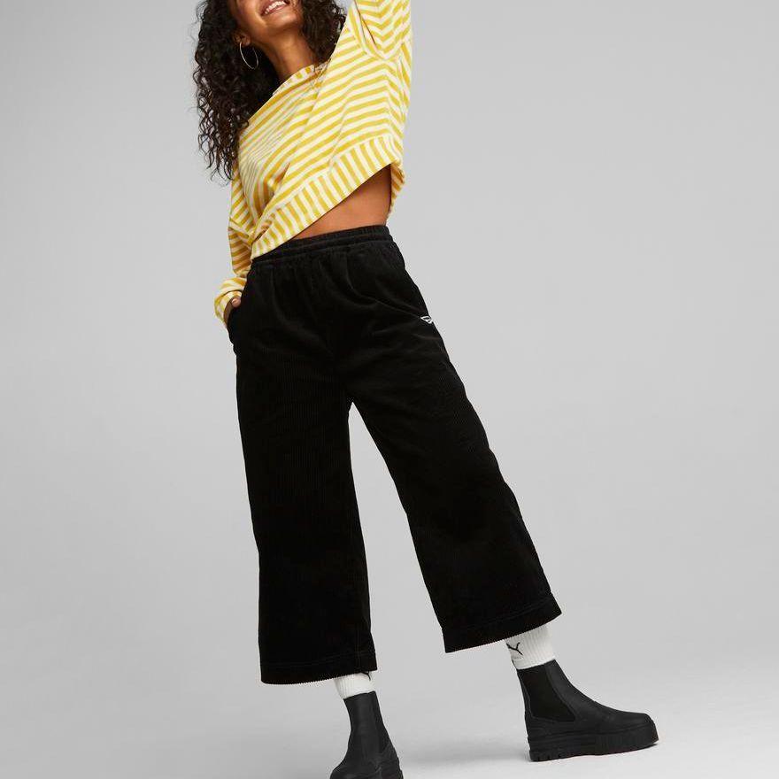Puma Solid Corduroy Design Elastic Mid Waist Nine Point Casual Pants Women Bottoms Black 535748-01