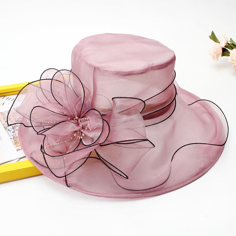 Hat Female Summer Vintage British Style Organza Flower Vacation Big Eaves Beach Sunscreen Flat Top Sun Hat