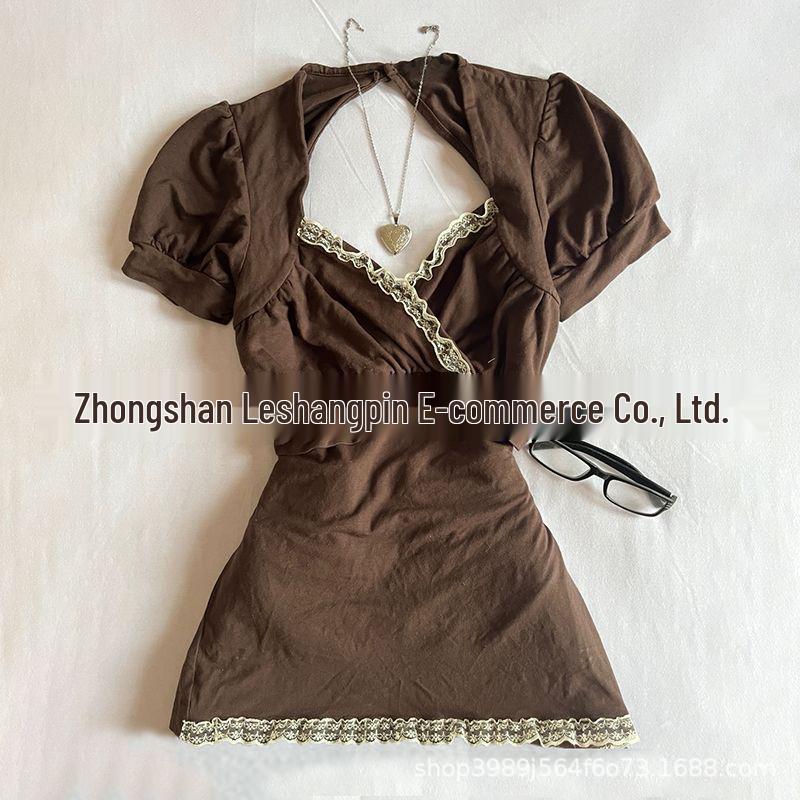 2026 Retro Slimming V-Neck Brown Short-Sleeve T-Shirt for Women