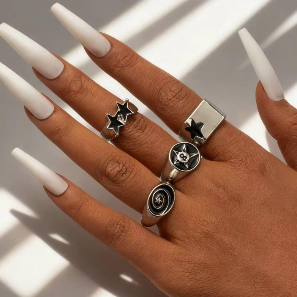 4pcs Bold Design Geometric Open End Rings Irregular Design Punk Couple Rings  Hiphop Style