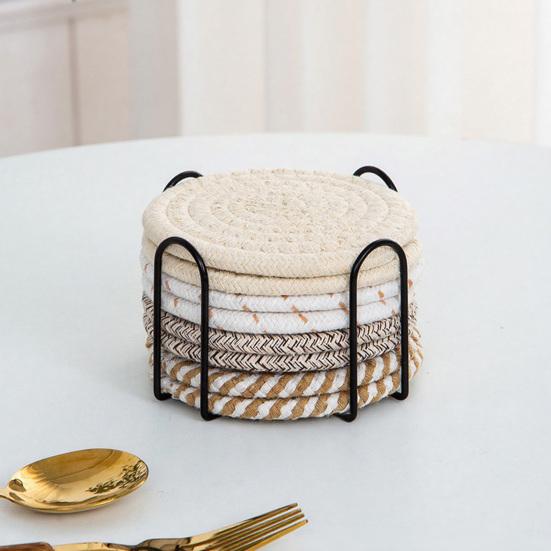 Boho Cotton Coaster Set with Holder Absorbent Heat-Resistant Placemats for Kitchen Dining Non-Slip Reusable Rustic Home Decor for Cups Mugs