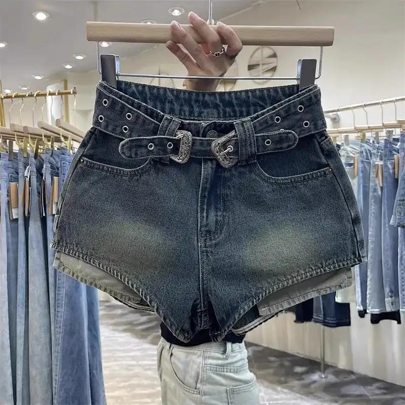 Women's Brown Washed Denim High Waist Shorts Casual Hot Pants with Double Le Belt