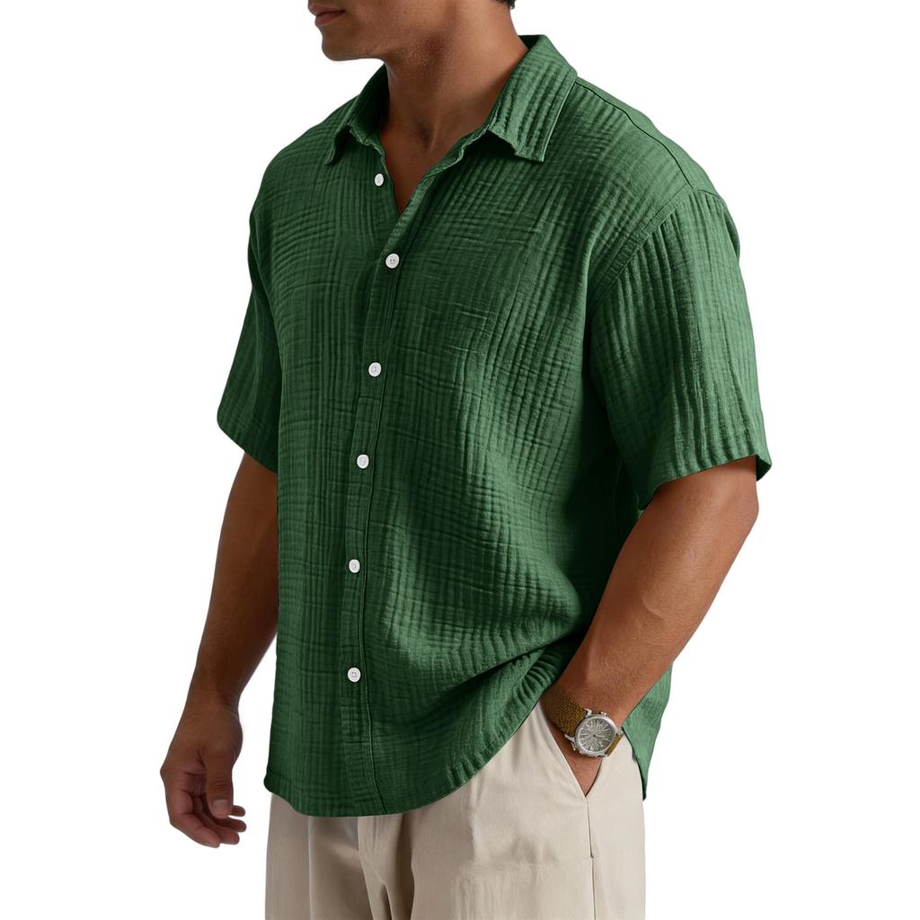 Men’s Loose Fit Casual Cotton Crinkle Texture Shirt Short Sleeve Button Down Collared Top for Everyday Wear