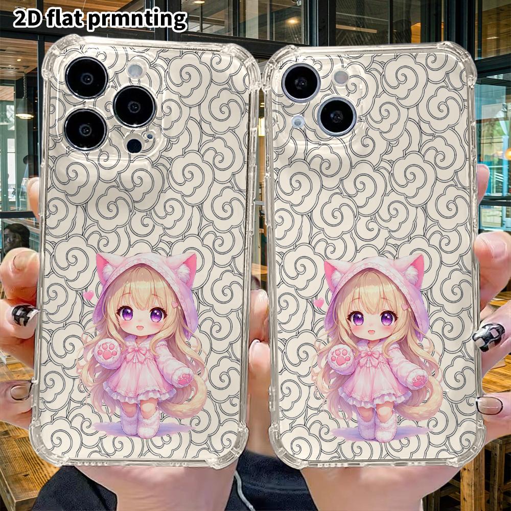 Phone Case: 2D Flat, Fits iPhone 18 17 16 15 14 13 Pro, Transparent Four Corner Protective Case, Cat Ear Girl, Christmas and Halloween Gifts