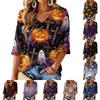 Women's V-Neck Casual Three-Quarter Sleeve Halloween Print Top for Party and Everyday Wear