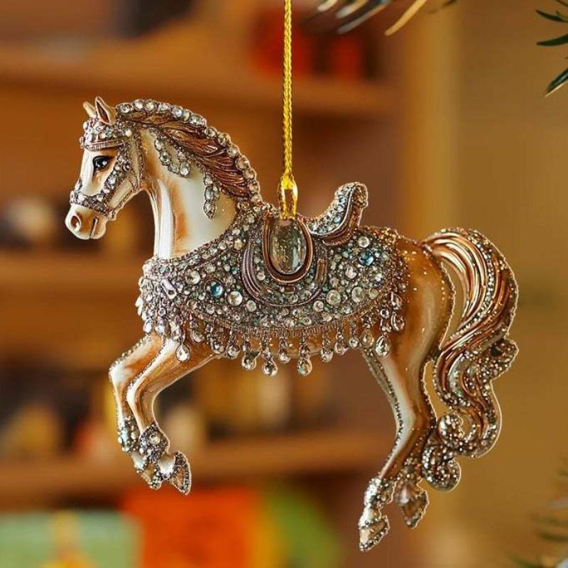 2D Acrylic Horse Car Rearview Mirror Pendant Charm Christmas Tree Ornament Party Latest Year Hanging Keychain Christmas Decorations