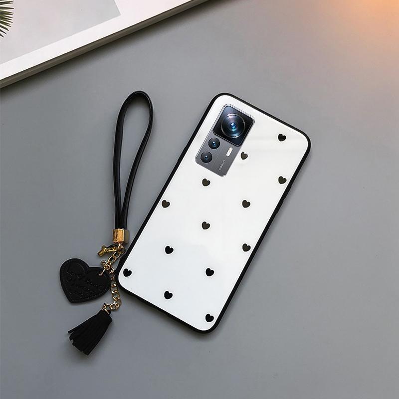 

Чехол для телефона из закаленного стекла для Xiaomi 12T Pro 12S Ultra Love Heart, жесткий противоударный чехол для Mi 12X 11T Pro 10T Lite 11i 10 Pro, чехол с ремешком, Fundas For Mi 12X белый