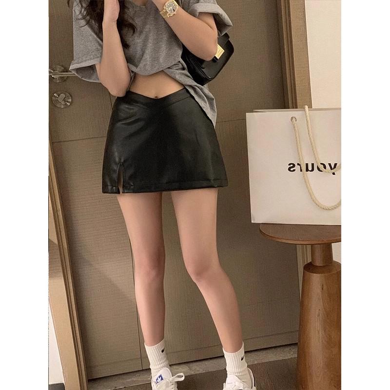 

Black Leather High Waist Slimming Plus Size Midi Slit Skirt for Women 3XL чорний
