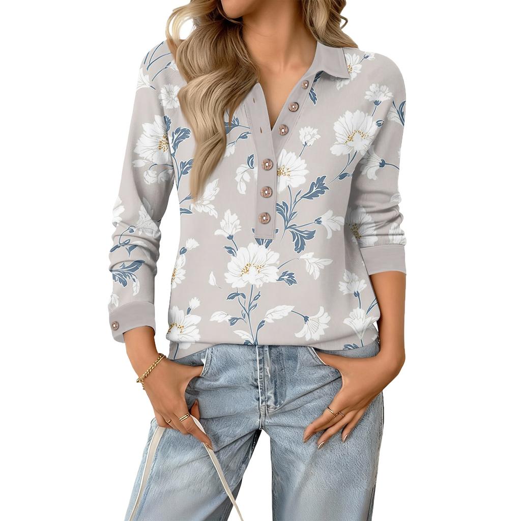 Women's Retro Street Lazy V,neck Long Sleeve Button Floral Print Pullover Top