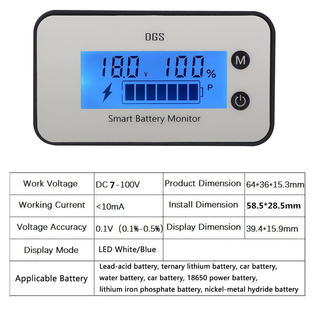 IPX7 Wasserdicht DC 7V-100V Batteriekapazitätsanzeige Ladezustand in Prozent Blei-Säure Ternär Eisen-Lithium Batterie Autospannungsmessgerät