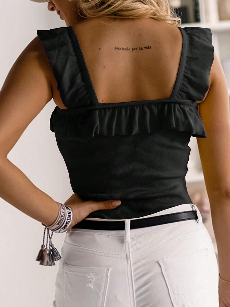 Women's Ruffle Strap Camisole Square Neck Sleeveless Knit Top Solid Summer Tank