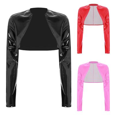 Geacă Crop din PU Lucios pentru Femei, Față Deschisă, Mânecă Lungă, Stil Motociclist, Top Biker, Îmbrăcăminte Exterioară pentru Club/Disco