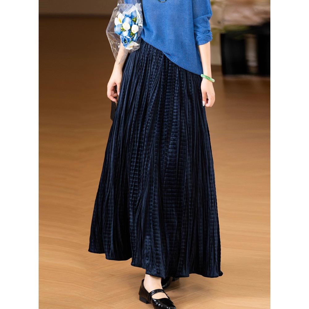 DIMANAF 2025 Autumn New Women Skirts Solid Plaid Loose Elastic Waist Pleated Elegant Long Skirts Red