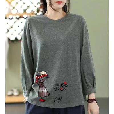T-shirt da donna a nove maniche, stile coreano, tinta unita, larga, taglie forti, girocollo, primavera autunno
