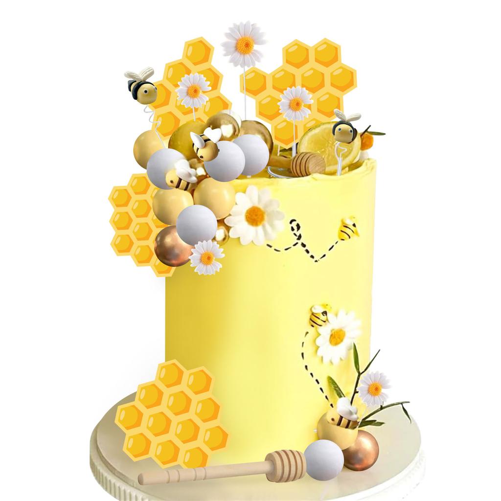 Bee Cake Toppers Honey Jar Cake Topper Honeycomb Cake Decorations for Baby Shower Bee Theme Birthday Party Decoration Supplies
