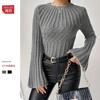 Women S Knit Sweater Pullover Round Neck Flare Sleeve Solid Color Casual Top