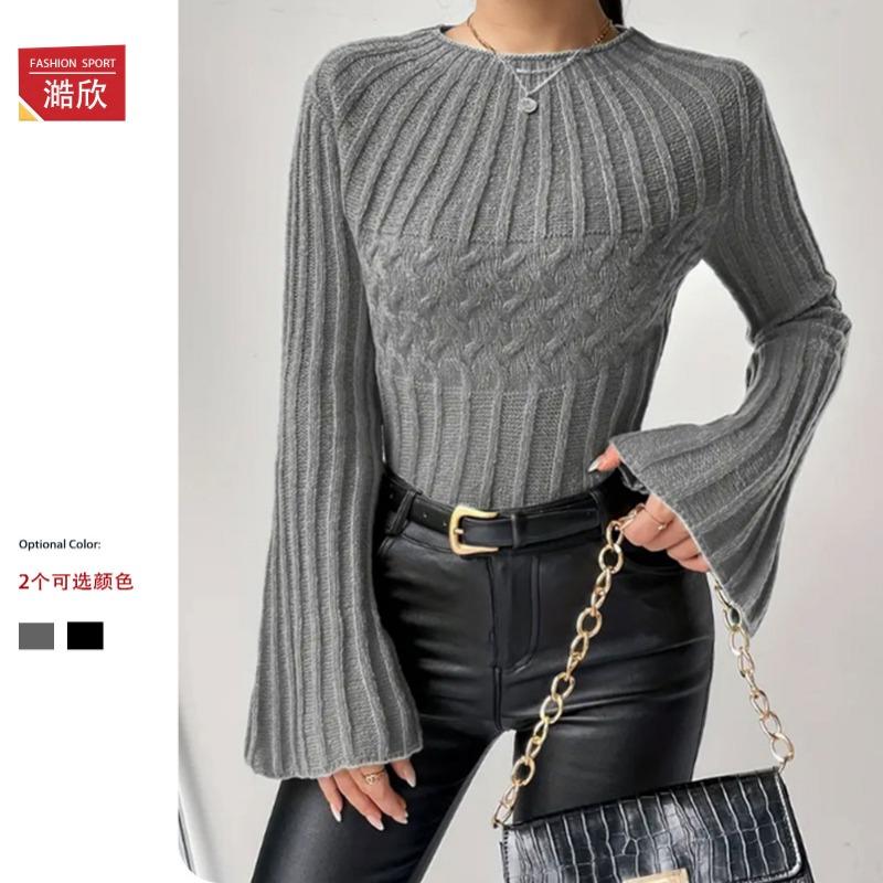 Women S Knit Sweater Pullover Round Neck Flare Sleeve Solid Color Casual Top