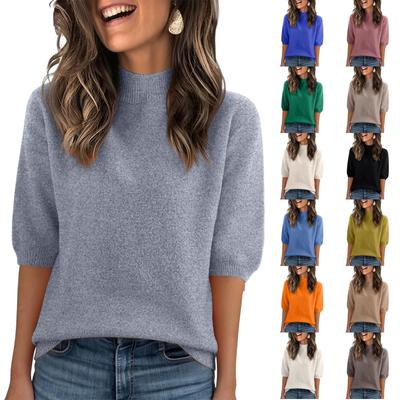 Women’s Half Sleeve Mock Neck Pullover Sweater Soft Knit Lightweight Top for Casual Daily Office Wear