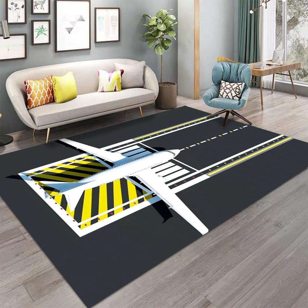 Airport Runway Carpet 3D Airplane Takeoff Design Sunset Cityscape Pattern Non Slip Large Area Rug for Modern Living Room