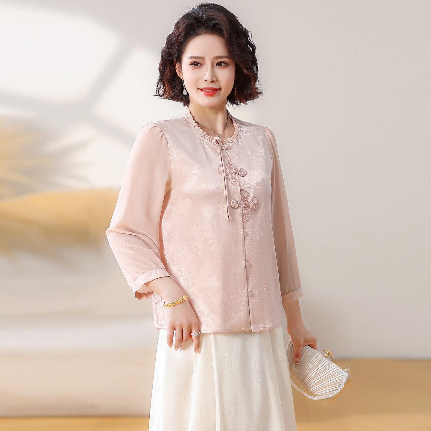 2026 Spring Jacquard Chinese Style Stylish Top for Middle-Aged Women L (approx. 52.5 kg)