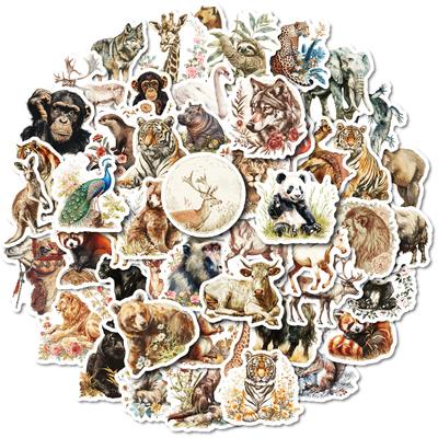 50Pcs Vintage Watercolor Animal Stickers Set - PP Waterproof Decals for DIY Cup/Phone Case/Skateboard/Guitar Decor