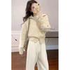 Zipper lapel knitted cardigan women's autumn and winter new large size loose lazy style casual turtleneck white sweater jacket