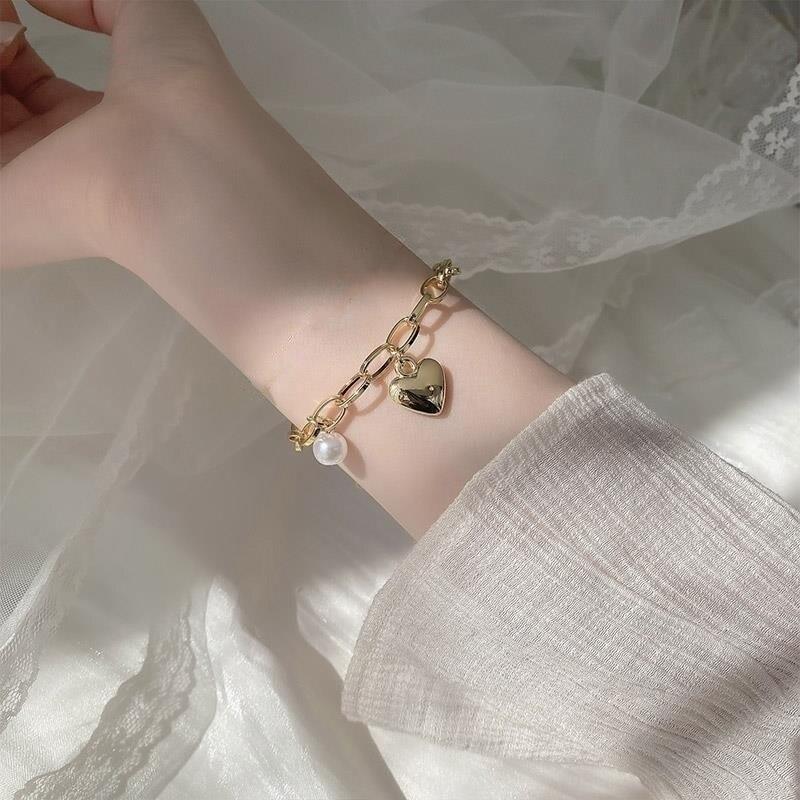 1pcs Gold-color Bracelet Ladies Simple Style Thick Cross Chain With Love Human Head Cross Pearl Pendant