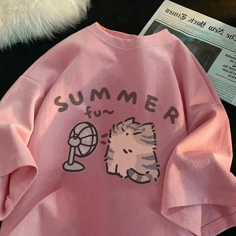 

Korean Minimalist Cartoon Cute Cat Printed Summer T-shirt Casual Round Neck Short Sleeves Creative Fashion Women s Clothing 3XL
