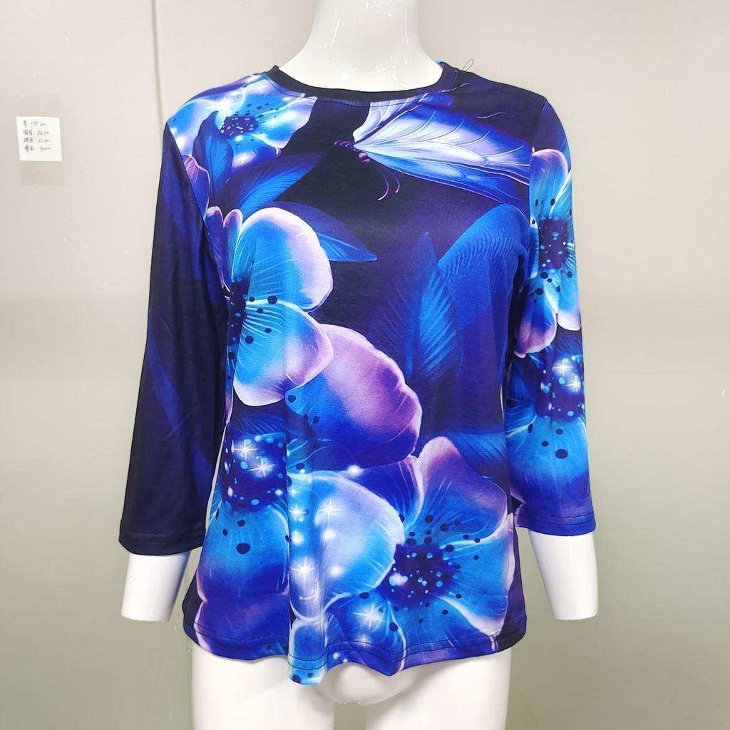 Ladies' Fashionable And Casual Seven Quarter Sleeve Floral Print Pullover Top