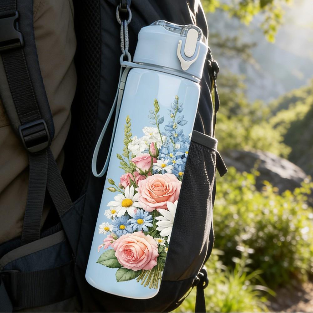 1PC Soft Mixed Pastel Bouquet 750ml Color Plastic Sports Water Bottle Leakproof Flip Straw Lid Suitable for Sports Office Home Use