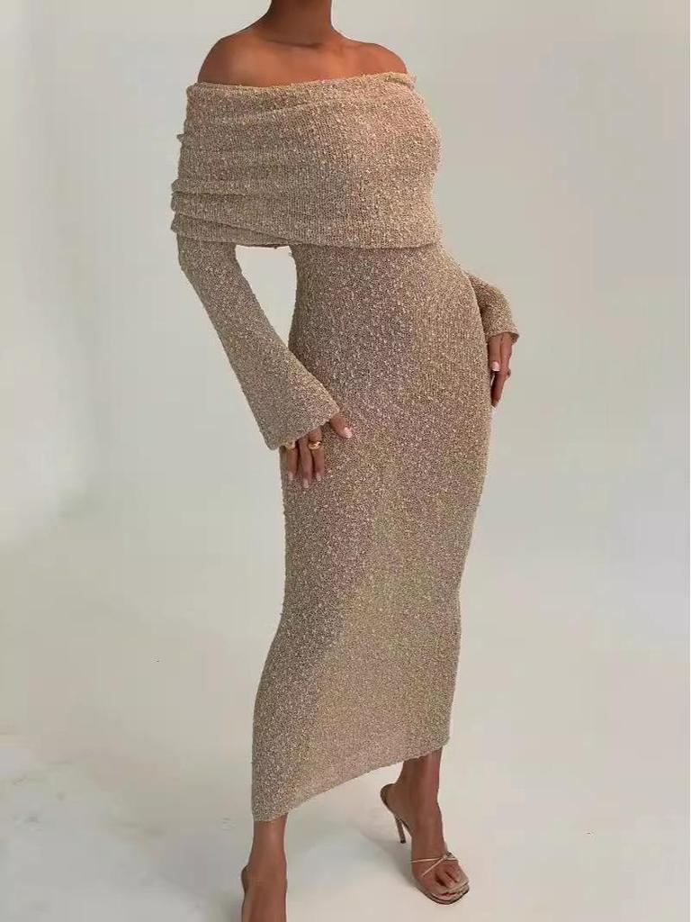 European & American Beach Cross-border One-shoulder Knitted Hollow-out Sexy Long Dress Cover-up