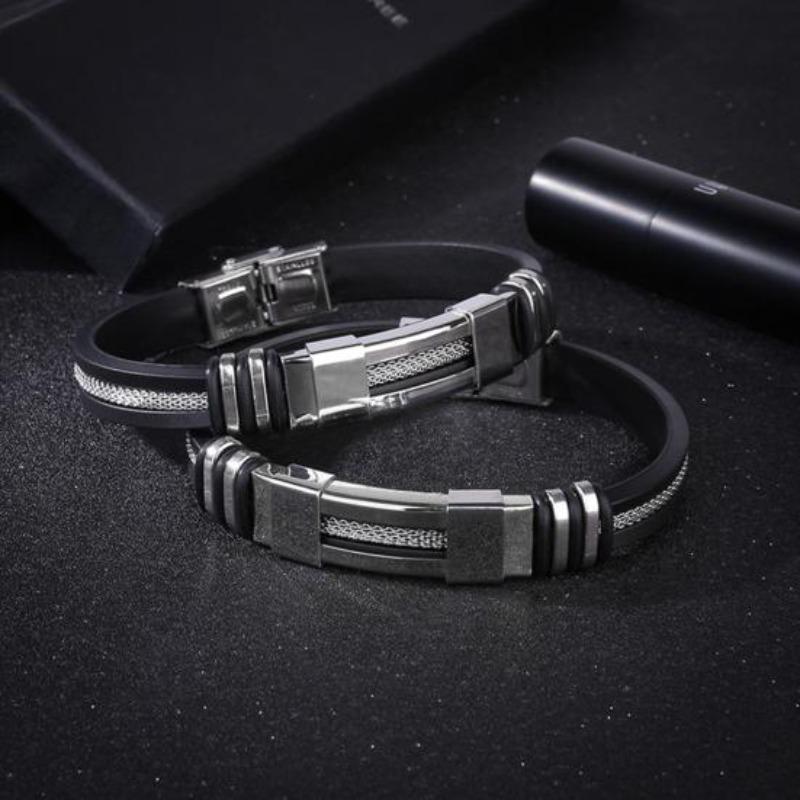 Bracciale rigido da uomo con chiusura a polsino in gomma punk nera in acciaio inossidabile