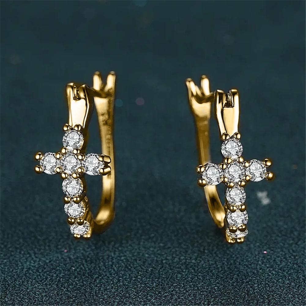Charm Female White Zircon Stone Cross Hoop Earrings Gold Color Simple Wedding Jewelry For Women