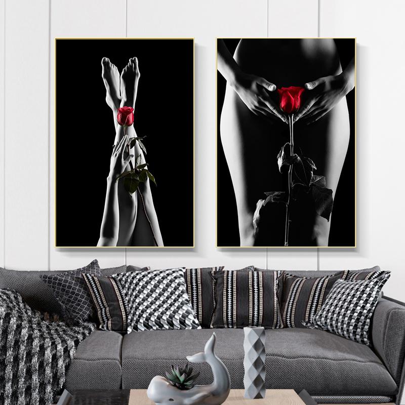 Sexy Woman Nude Posters and Prints Portrait Canvas Painting Red Rose Pictures Wall Art for Living Room Home Decor No Frame