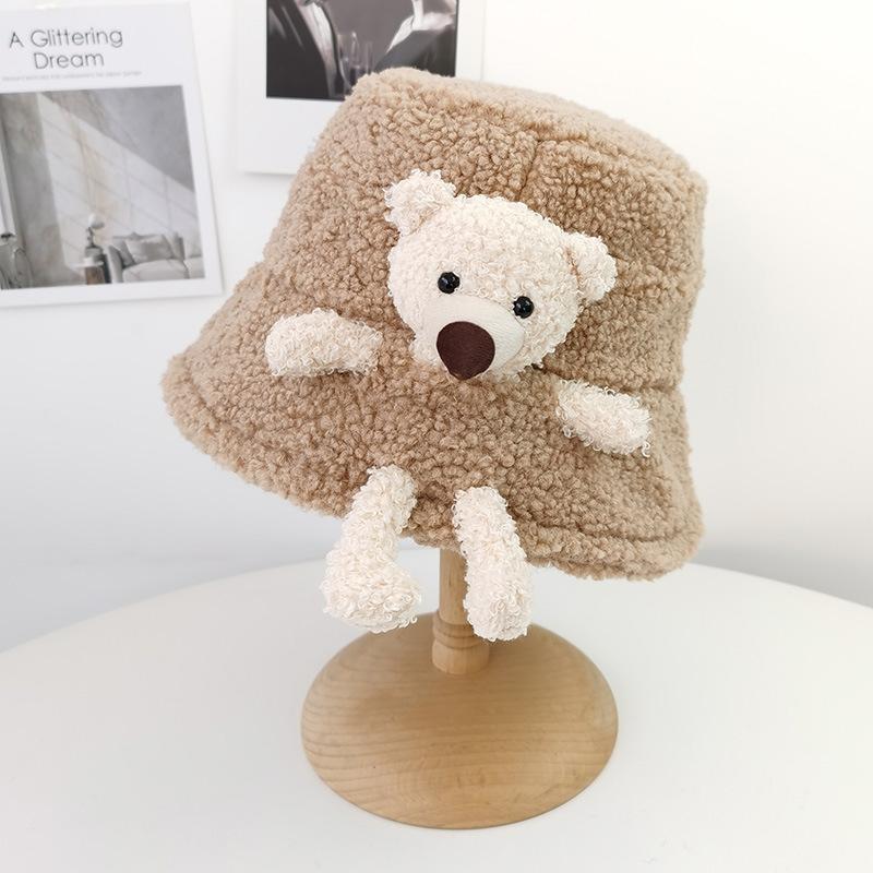 Cute Plush Bear Doll Fisherman Hat Women Autumn and Winter Korean Version Warm Lamb Fur Pot Hat Japanese Bucket Hat