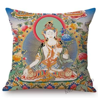 Colorful Blue Buddhism Artwork Bodhisattva Fortune God Sakyamuni Tangka Buddha Painting Sofa Pillow Case Linen Cushion Cover