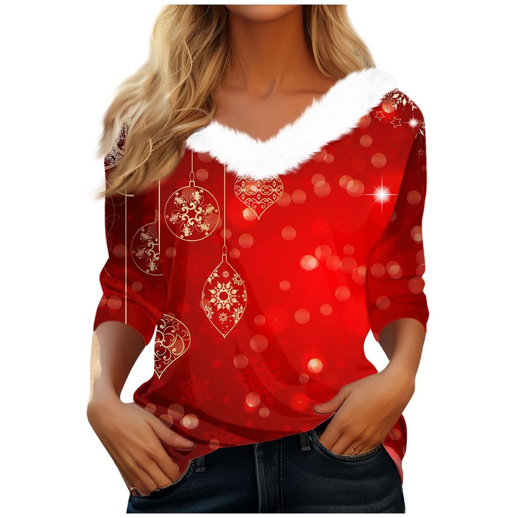 Women's T Shirt Tee Christmas Shirt Long Sleeve Party Christmas Collar V Neck Top