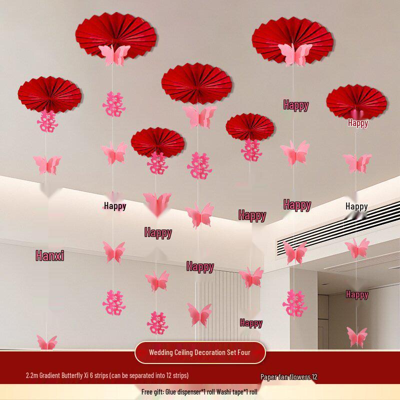 Wedding Décor: Double Happiness Paper Cut Ornaments for Ceiling and Walls, Festive Butterfly Pull Flowers for Bedrooms and Living Rooms
